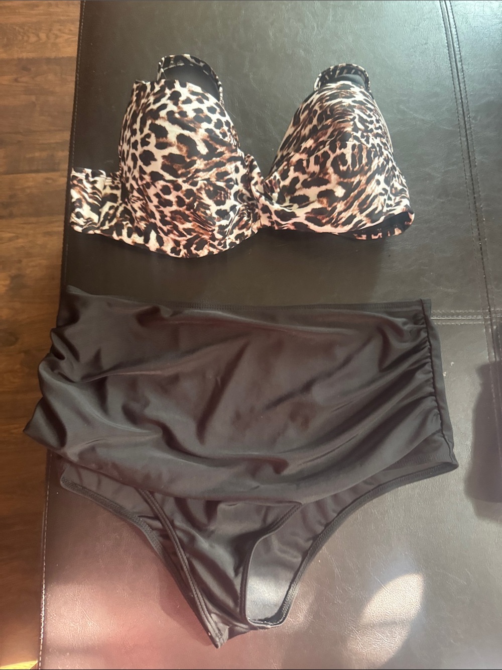 SHEIN Leopard Print Bikini Top L with Black High Waist Bottoms sz XL